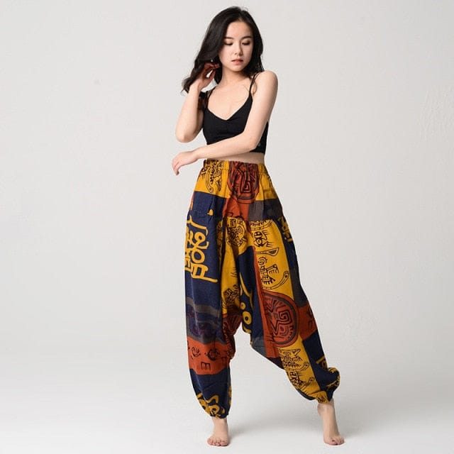 Pantalones de harén de tendencias de Buda Pantalones de harén tribales de arte étnico