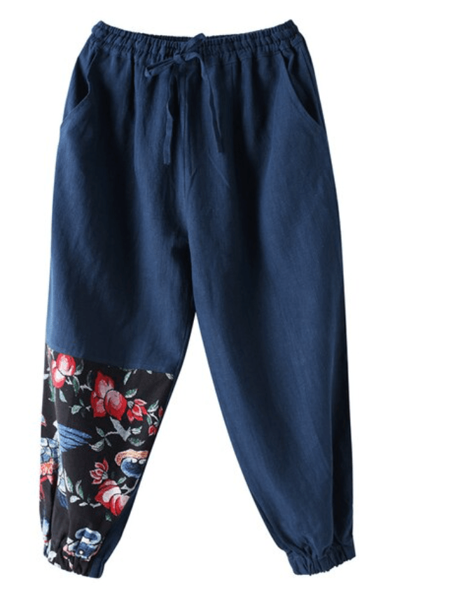 Buddha Trends Harem Pants Navy Blue / M High Waist Patchwork Floral Trousers