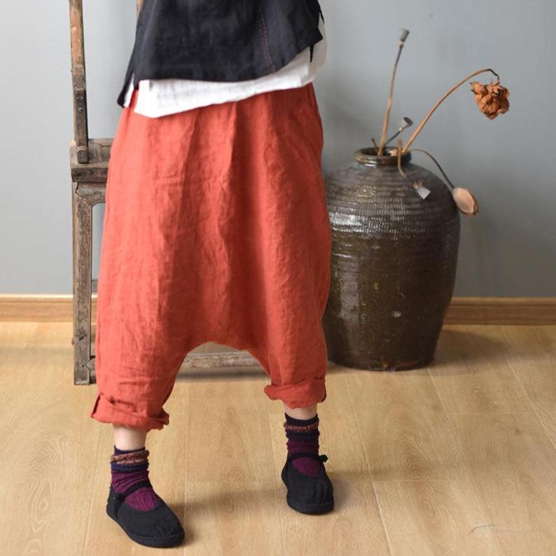 Buddha Trends Harem Pants Arancione / Taglia unica Pantaloni Harem con cavallo basso oversize