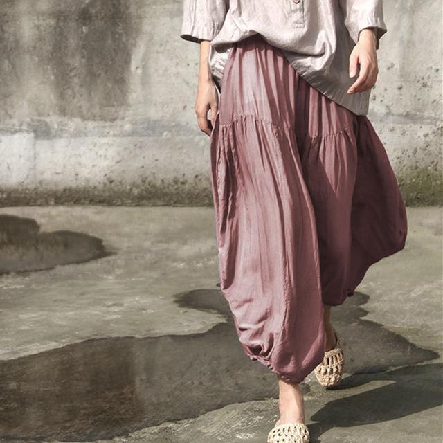 Buddha Trends Pantalones Harem Rosa / Talla Única Pantalones Harem Fluidos Plisados ​​de Color Puro | Loto