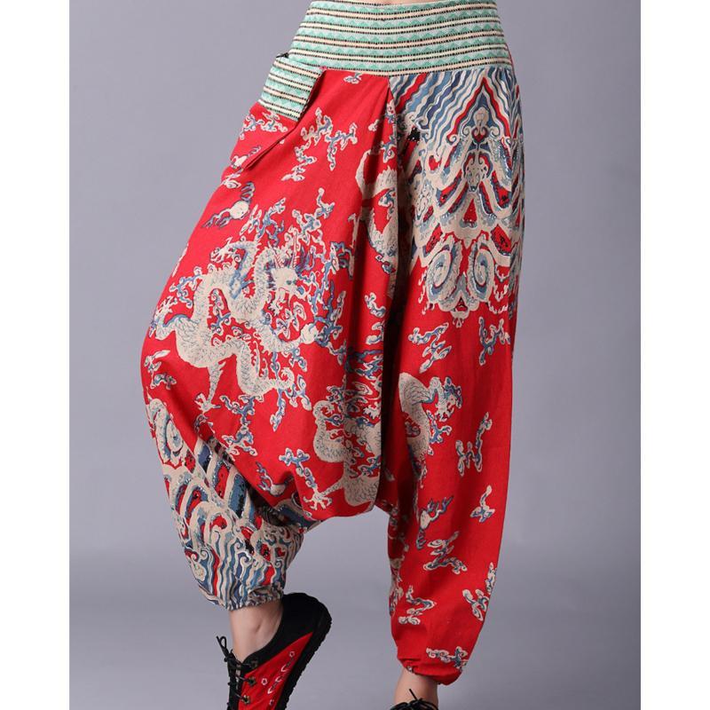 Buddha Trends Pantalones Harem Rojo / Talla única Pantalones Harem Dragón