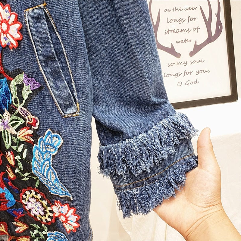 Buddha Trends Giacche Giacca di jeans decorata floreale della Boemia