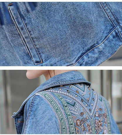 Buddha Trends Jackets Floral Embroidered Fringed Denim Jacket