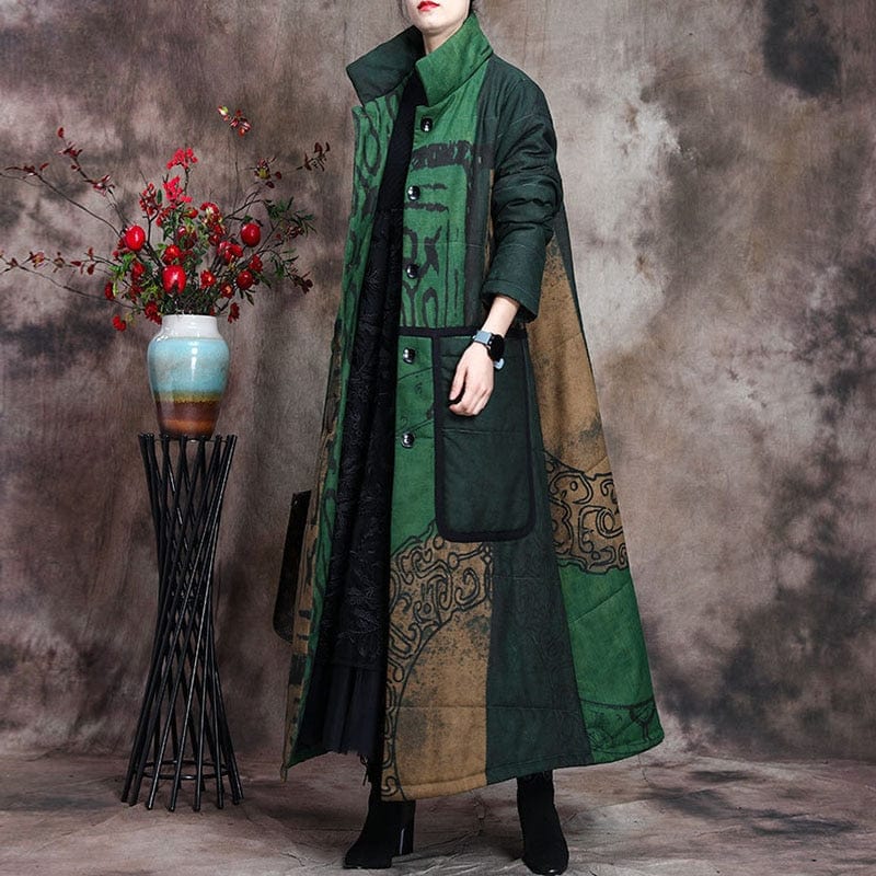 Buddha Trends Jackets Green / One Size Vintage Abstract Patchwork Coat | Nirvana