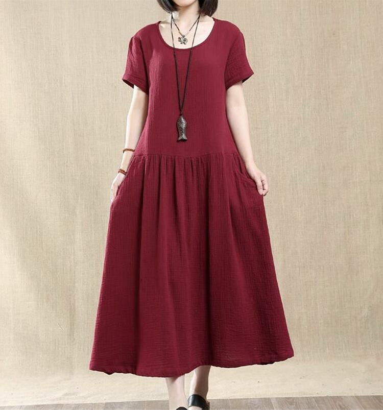 Buddha Trends jujube red / S Love Poem Short Sleeve Midi Dress