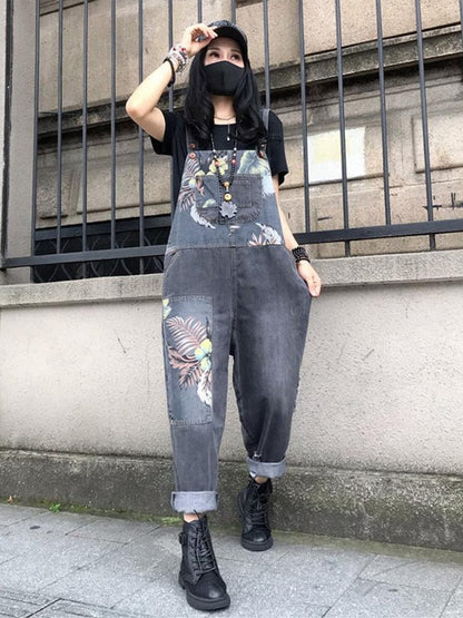 אוברול ג'ינס פרחוני משוחרר של Buddha Trends שחור / One Size