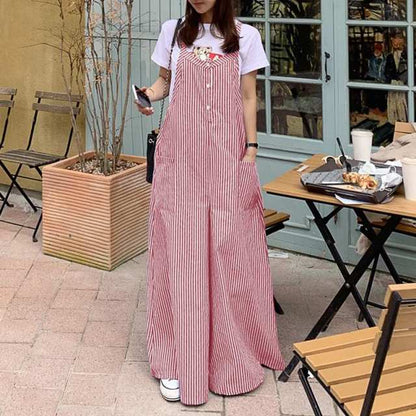 Buddha Trends Jumpsuits S / Red Loose Vertical Striped Denim Overalls