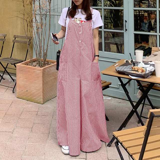 Buddha Trends Jumpsuits S / Red Loose Vertical Striped Denim Overalls