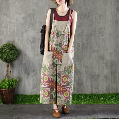Buddha Trends Khaki / One Size Campagna Wide Leg Floral Overall