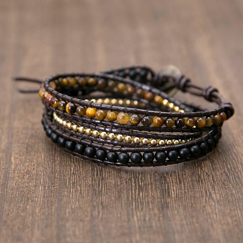 Bracelet en cuir noir avec perles Buddha Trends