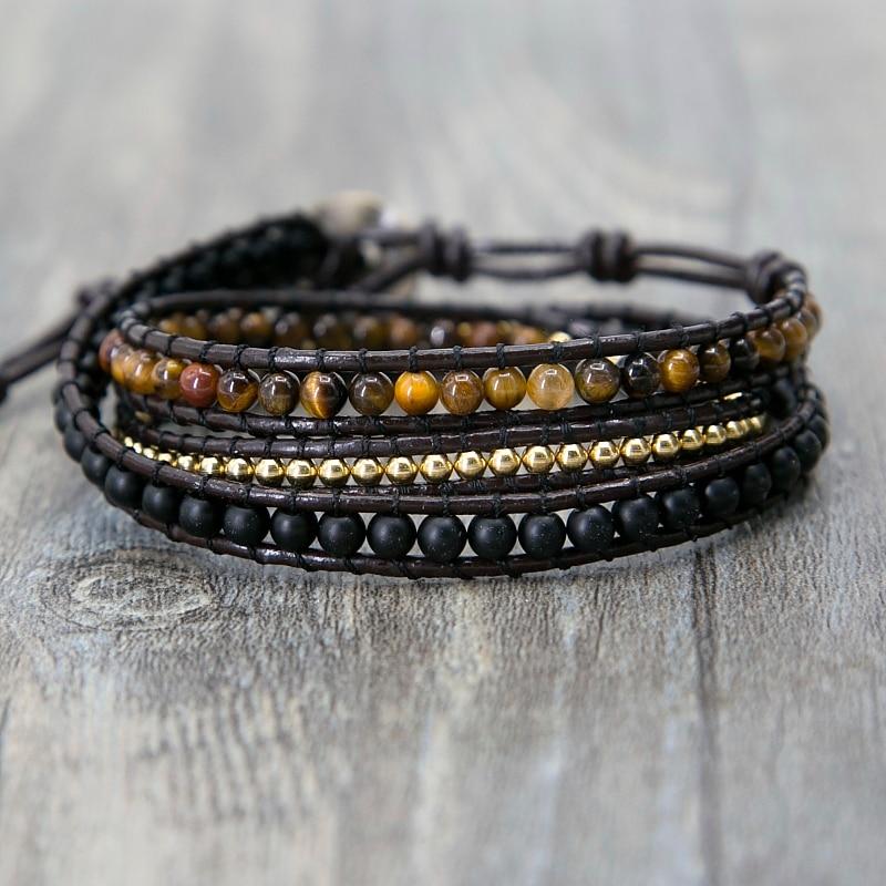 Bracelet en cuir noir avec perles Buddha Trends