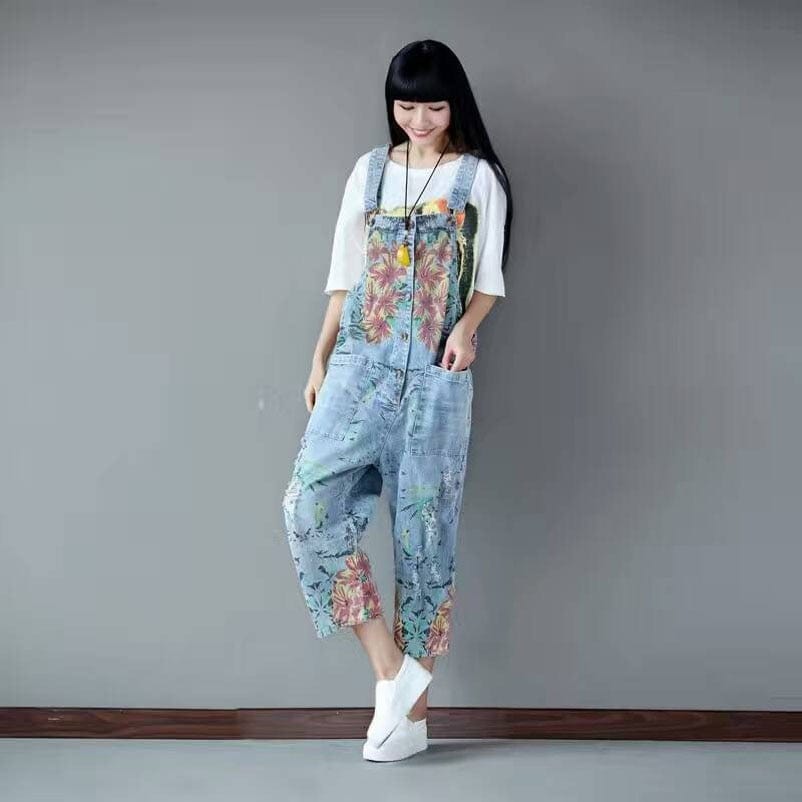 Buddha Trends Bleu clair / Taille unique Loose Floral Denim Overall