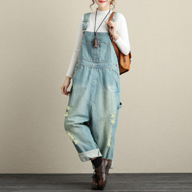 Buddha Trends Hellblau / One Size Loose Ripped Denim Overall