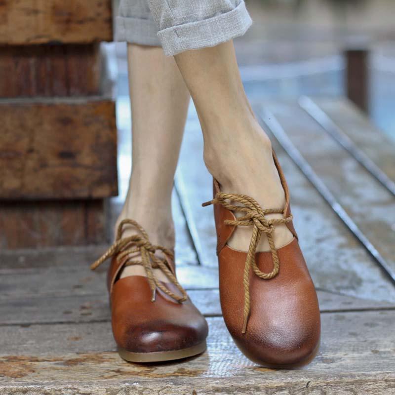 Buddha Trends Light Brown / 4.5 Lace up Handmade Genuine Leather Flats