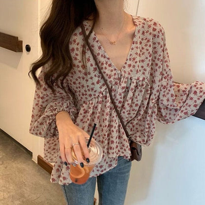 Buddha Trends Lily of The Incas Puff Sleeve Floral Blouse