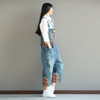 Buddha Trends Loose Floral Denim Overall