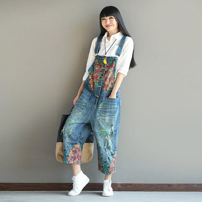 Buddha Trends Loose Floral Denim Overall