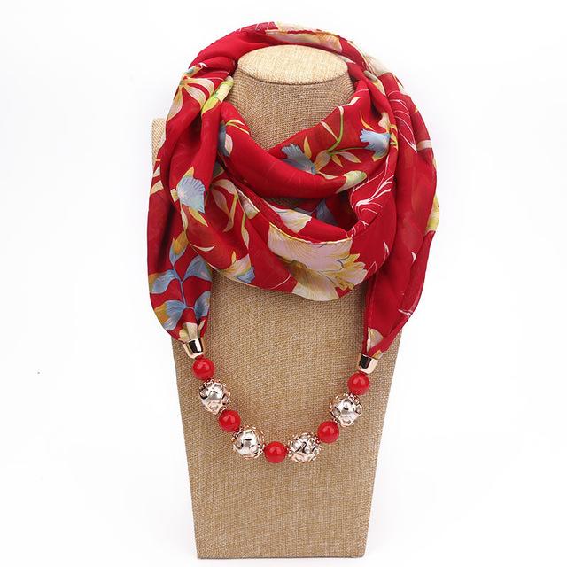 Buddha Trends Margarita Floral Chiffon Red Beaded Scarf Necklace