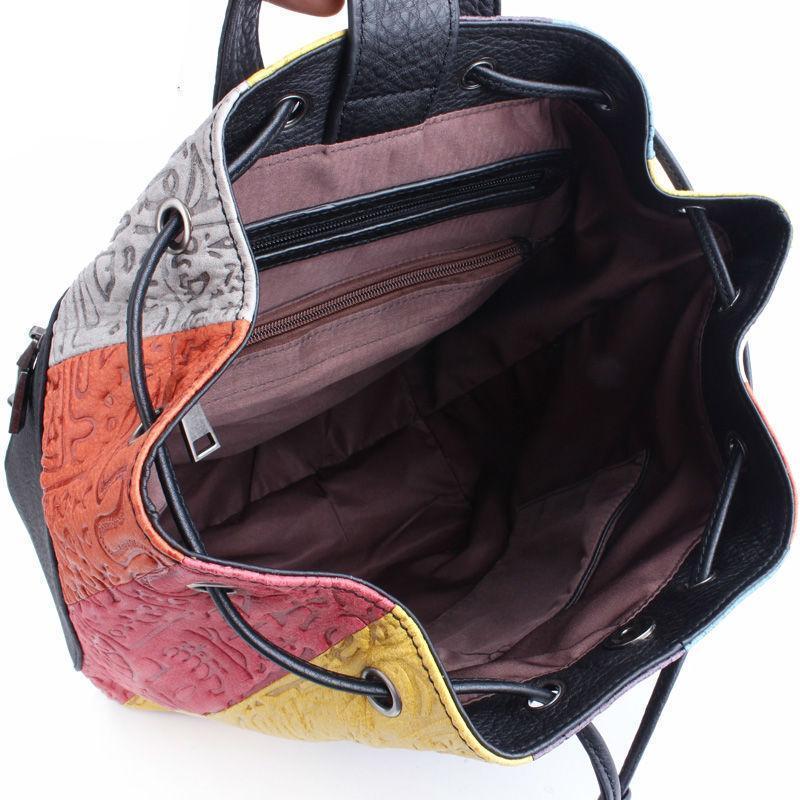 Buddha Trends Multicolor Black Colorful Leather Embossed String Backpack