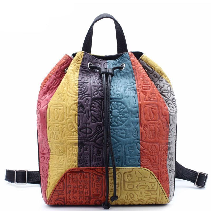 Buddha Trends Multicolor Black Colorful Leather Embossed String Backpack