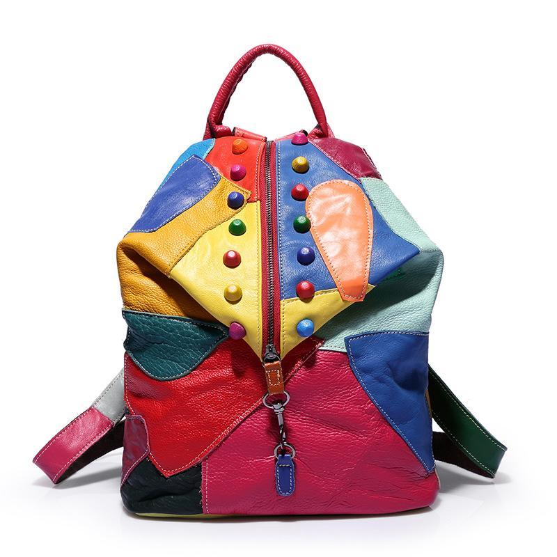 Buddha Trends Monedero tipo mochila de retazos de cuero genuino multicolor