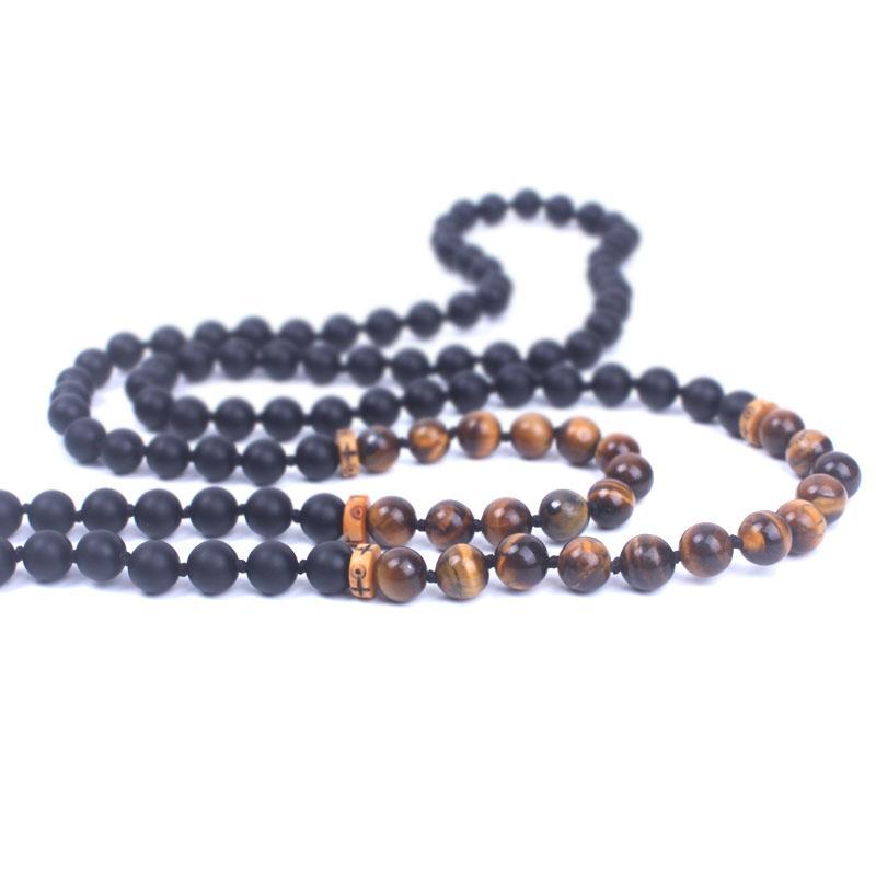 Perles de mala en onyx noir mat naturel et en oeil de tigre Buddha Trends