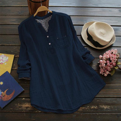 Buddha Trends Navy Blue / S Casual V-Neck Long Sleeve Loose Blouse