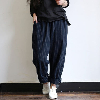 Buddha Trends Marineblau / S Vintage gestreifte übergroße Hose
