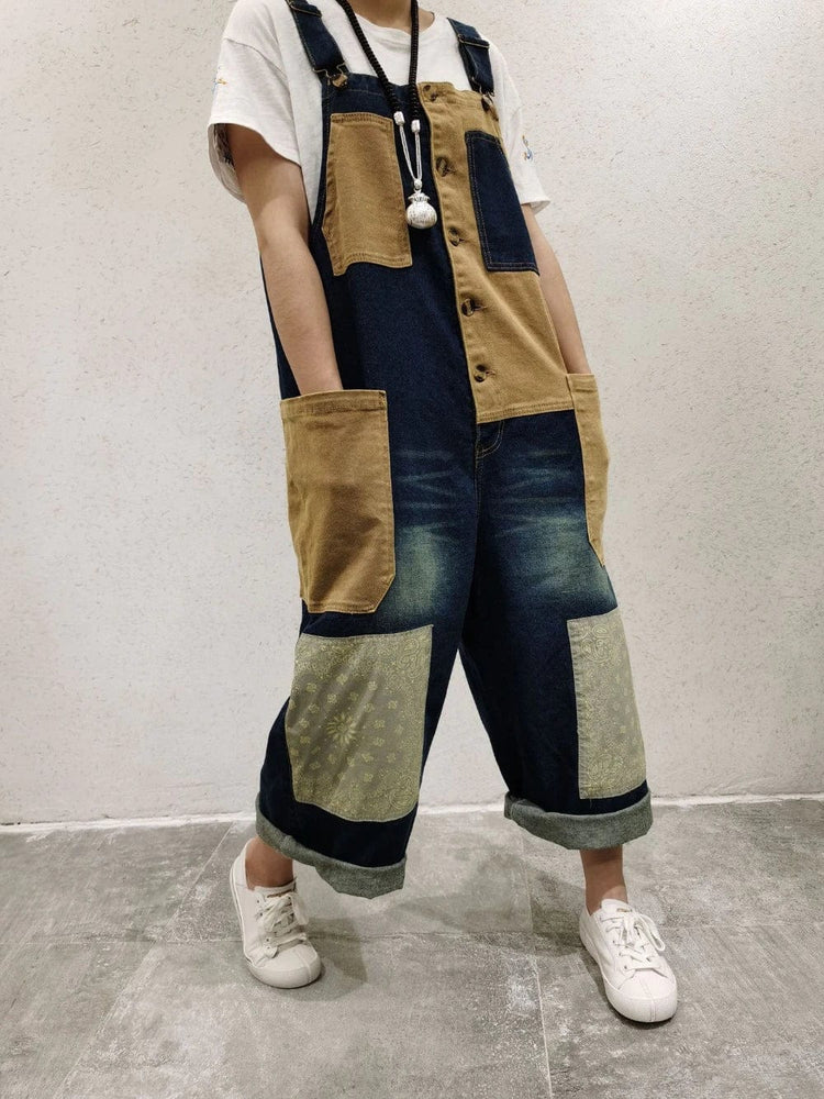 Buddha Trends Navy / One Size Patchwork Oversized Denim Overall