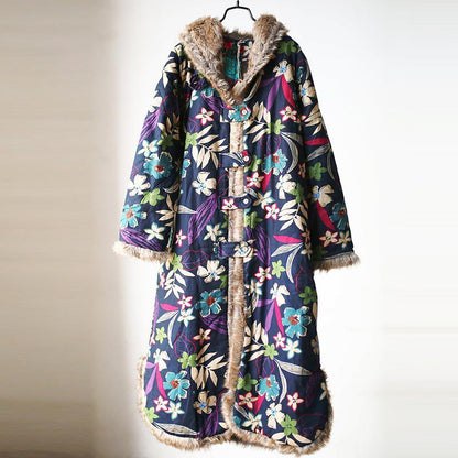 Buddha Trends One Size / Blue Floral Long Floral Hooded Trench Coat