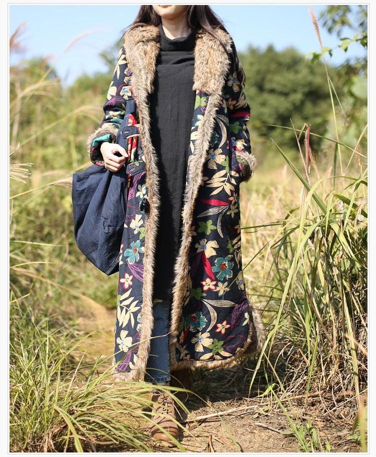 Buddha Trends Taille unique / Trench-coat long fleuri bleu à capuche