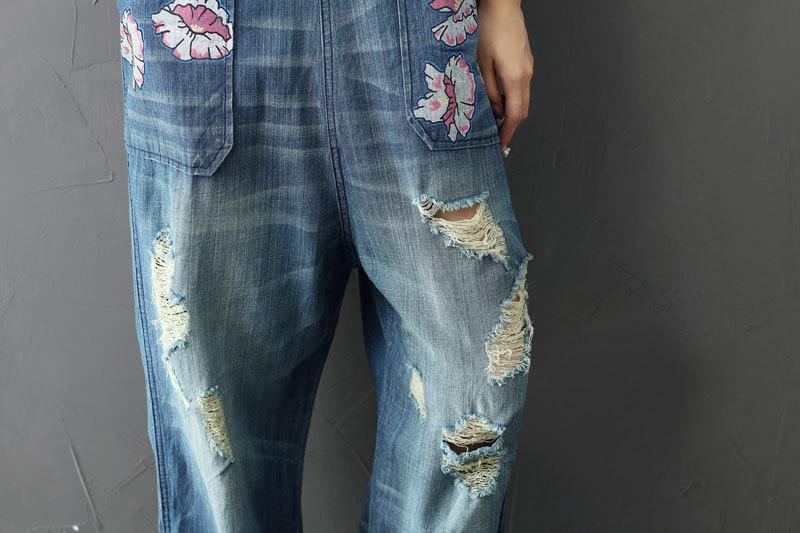 Buddha Trends One Size / Blue Blumendrucke Loose Plus Size Floral Denim Overall