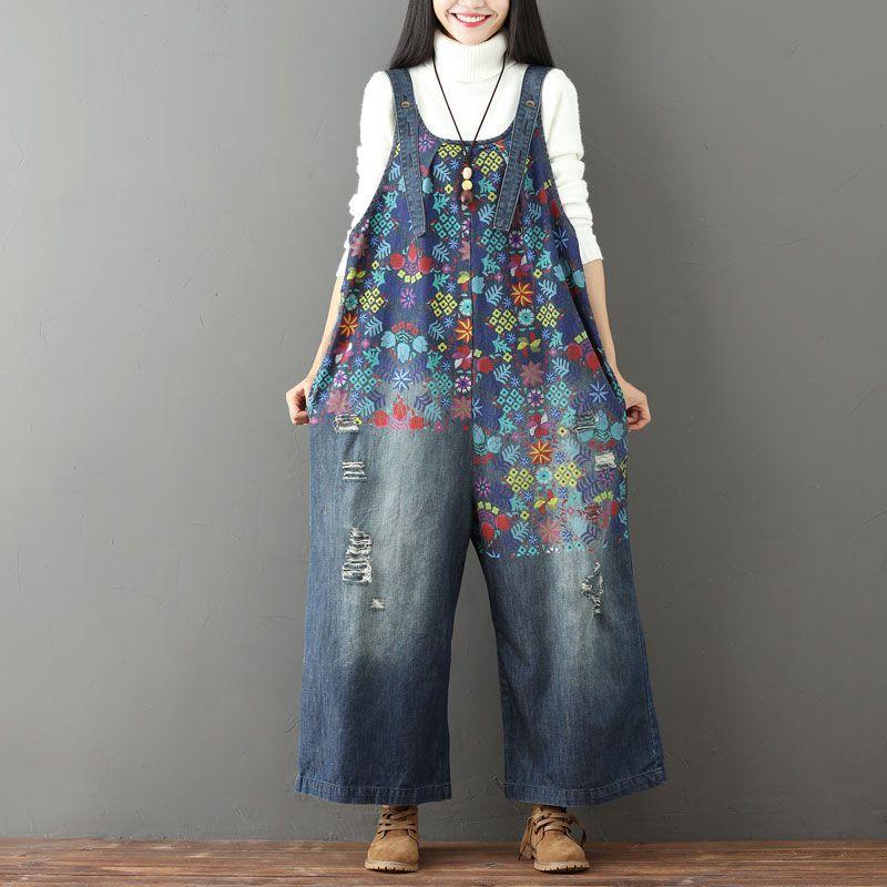 Buddha Trends Один размер / Синий цветочный винтажный комбинезон 90-х