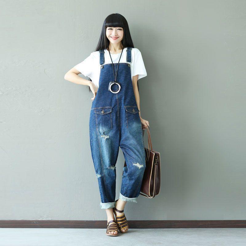 Buddha Trends One Size / Blau Ripped Baggy Denim Overall
