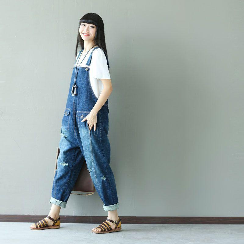 Buddha Trends One Size / Blue Ripped Baggy Denim Overall