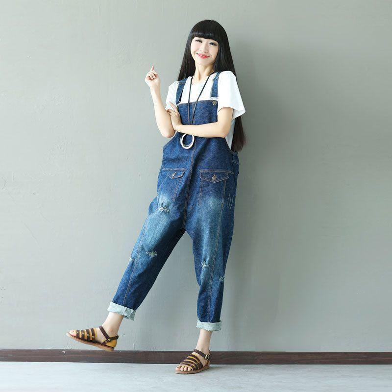 Buddha Trends One Size / Blau Ripped Baggy Denim Overall