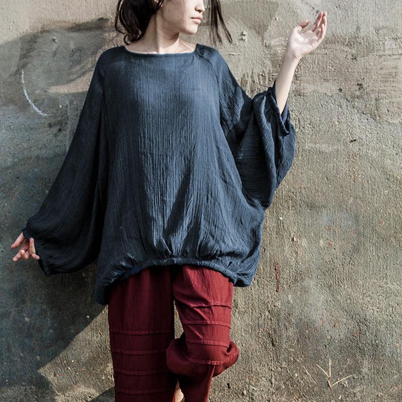 Buddha Trends One Size / Dunkelblaues Laternenärmel Übergroßes Baumwollhemd | Lotus