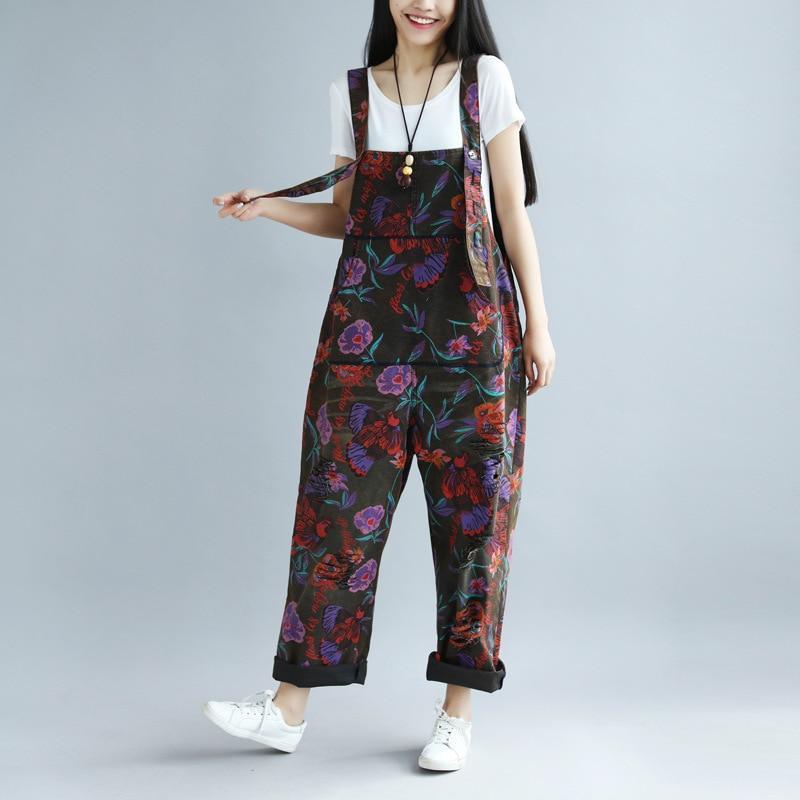 Buddha Trends One Size / Multicolor Floral Printed Loose Denim Overall