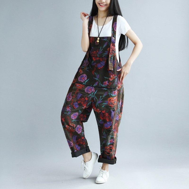 Buddha Trends One Size / Multicolor Floral gedruckt Loose Denim Overall