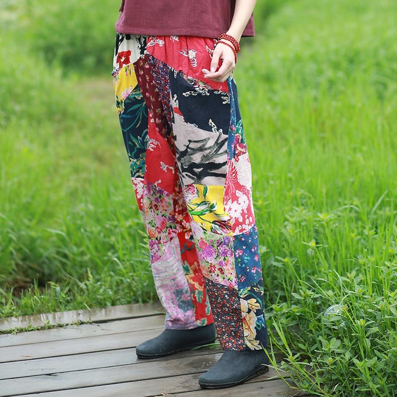 Buddha Trends Один размер / Разноцветные случайные лоскутные брюки в стиле хиппи с цветочным принтом
