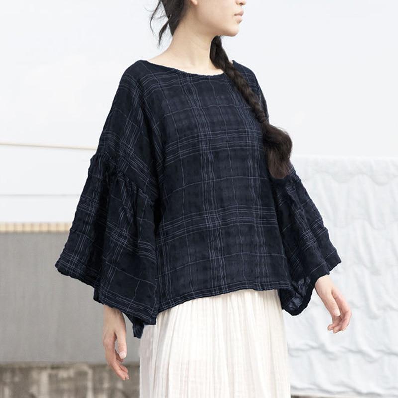 Buddha Trends One Size / Navy Blue Butterfly Sleeve Plaid Ramie Shirt | Λωτός