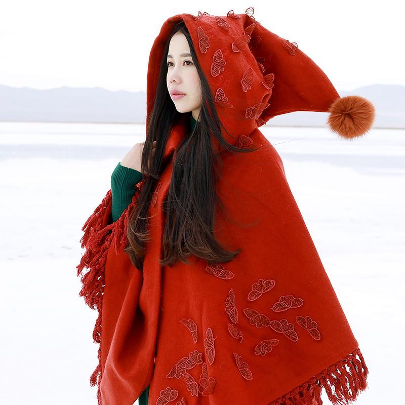 Buddha Trends One Size / Red Belle Red Rose Embroidered Hooded Cape | Mandala