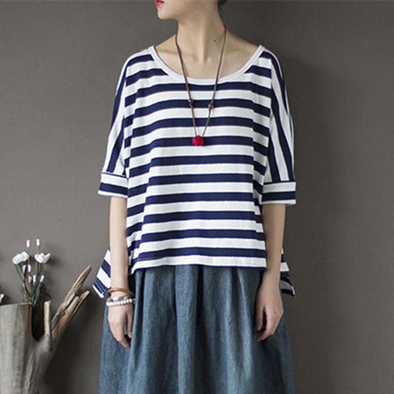 Buddha Trends One Size / Hvit & Blå Blå og hvit stripete bomull T-skjorte
