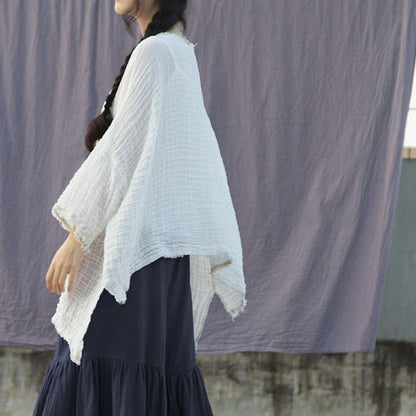 Buddha Trends One Size / White Irregular Batwing Sleeve Fold Cotton T-Shirt | Lotus