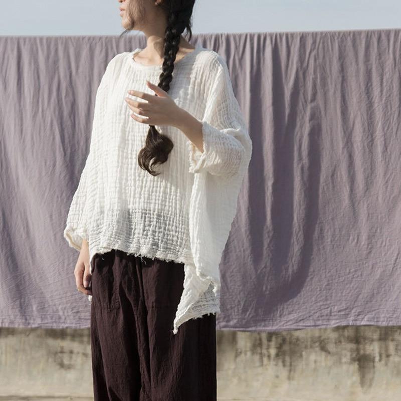 Buddha Trends One Size / White Irregular Batwing Sleeve Fold Cotton T-Shirt | Lotus