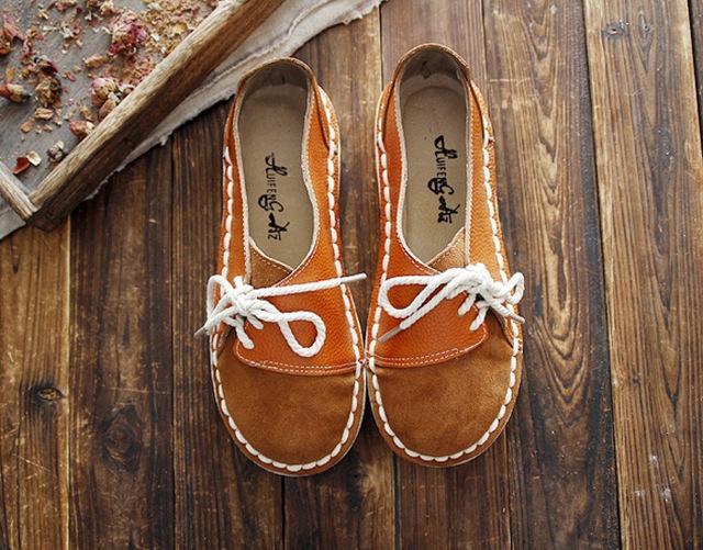 Buddha Trends Orange / 4.5 Genuine Leather Handmade Round Toe Flats