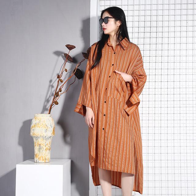Buddha Trends Orange / One Size Långärmad Randig Skjorta Klänning | Millennials
