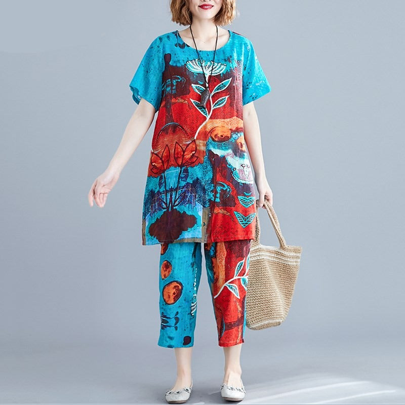 Buddha Trends Outfit Σετ Μπλε / XL Go With The Flow Floral Σετ μπλουζάκια 2 τεμαχίων + παντελόνι | OOTD