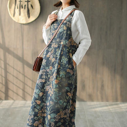 Buddha Trends overall dress Artsy Floral Denim Overall Dress