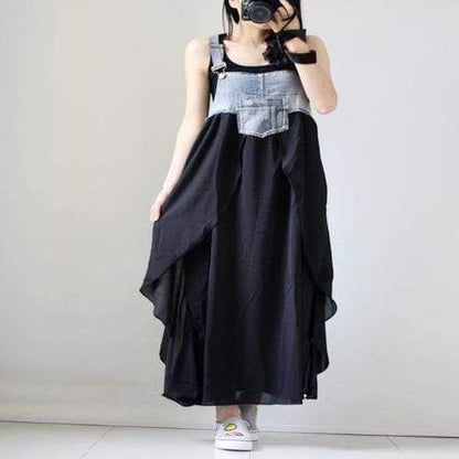 Černo-modré dlouhé džínové overalové šaty